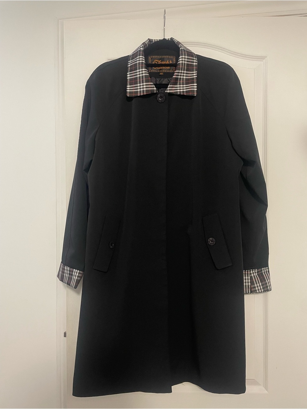 Temptations Black Trench Coat with Plaid Trim, Size Medium